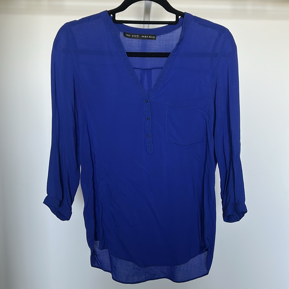 ZARA Basics Royal Blue Flowy V-Neck Tunic Blouse Women’s XS - Picture 9 of 12